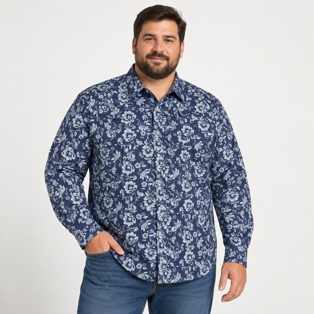 Wrangler Floral Pearl Snap Navy Shirt Men's XXL Coastal Cowboy Country Concert
